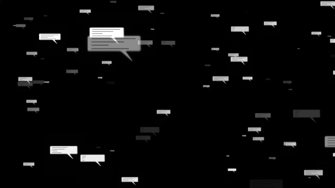 Dark messaging icons motion visual with floating speech bubbles soft grayscale depth and empty black