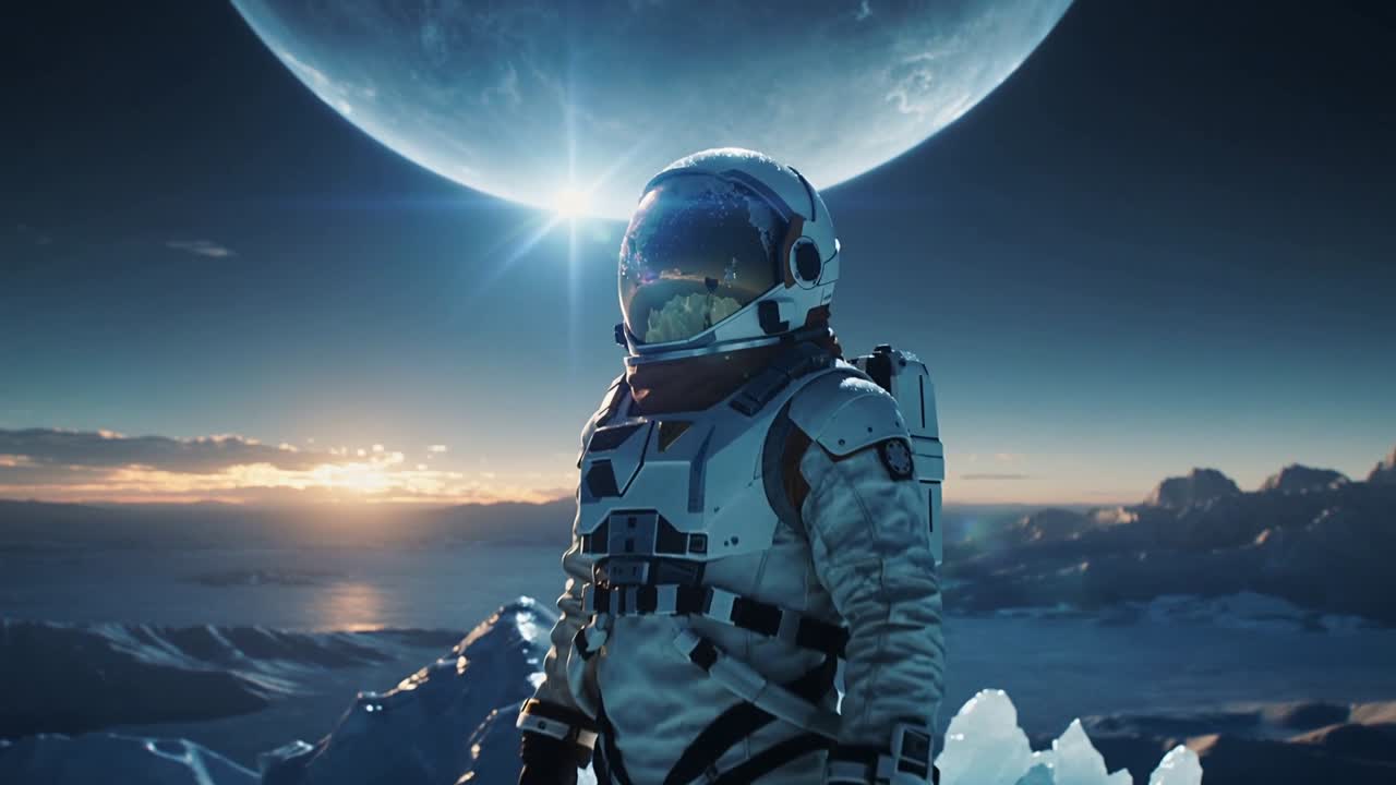 Kameraet zoomer ind og viser en astronaut i dragt, der overvåger udsigten på en isryg, hvor visiret viser planeter i baggrunden.