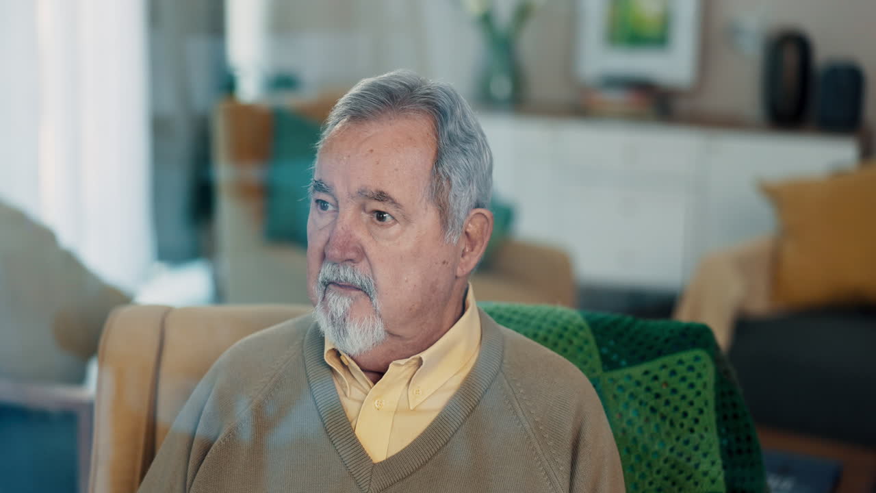 Thinking, dreaming and senior man on a chair