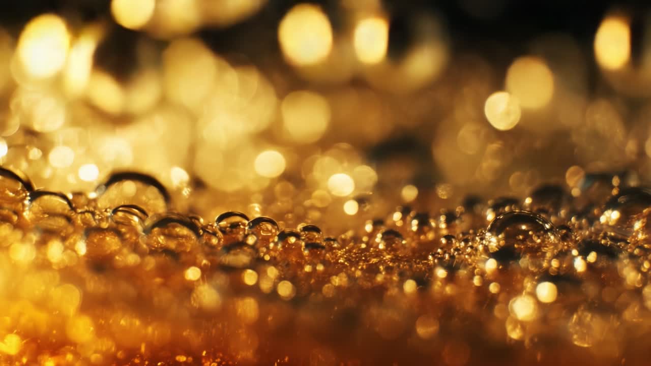 Glistening droplets on a shimmering surface illuminated by soft golden light create a mesmerizing atmosphere, capturing the essence of natural elegance and beauty under focused observation