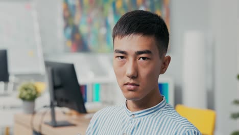 한국인, 일본인, 아시아인 미녀의 얼굴을 가까이 찍은 장면: 그는 어두운 눈으로 카메라를 바라보고, 한숨을 쉬고, 슬프고, 화를 내고, 실망하며, 일자리를 잃고, 실패하고,