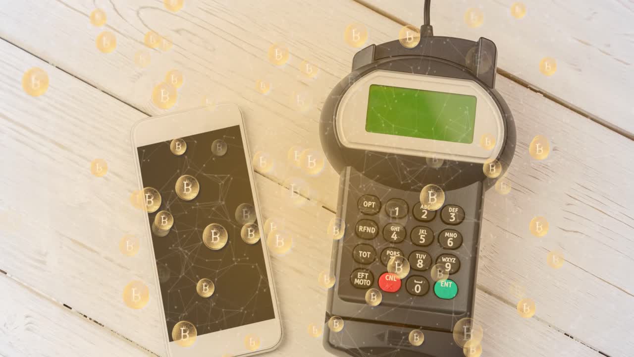 스마트 폰과 결제 단말기를 통해 비트코인의 애니메이션