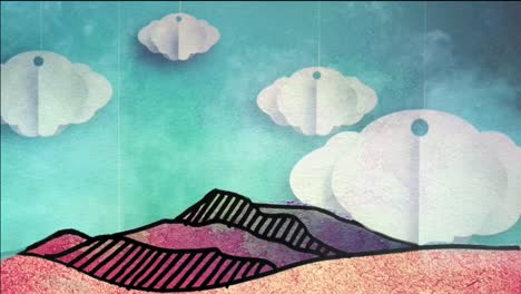 ilustración acuarela de colinas con nubes de origami y humo en movimiento en el fondo