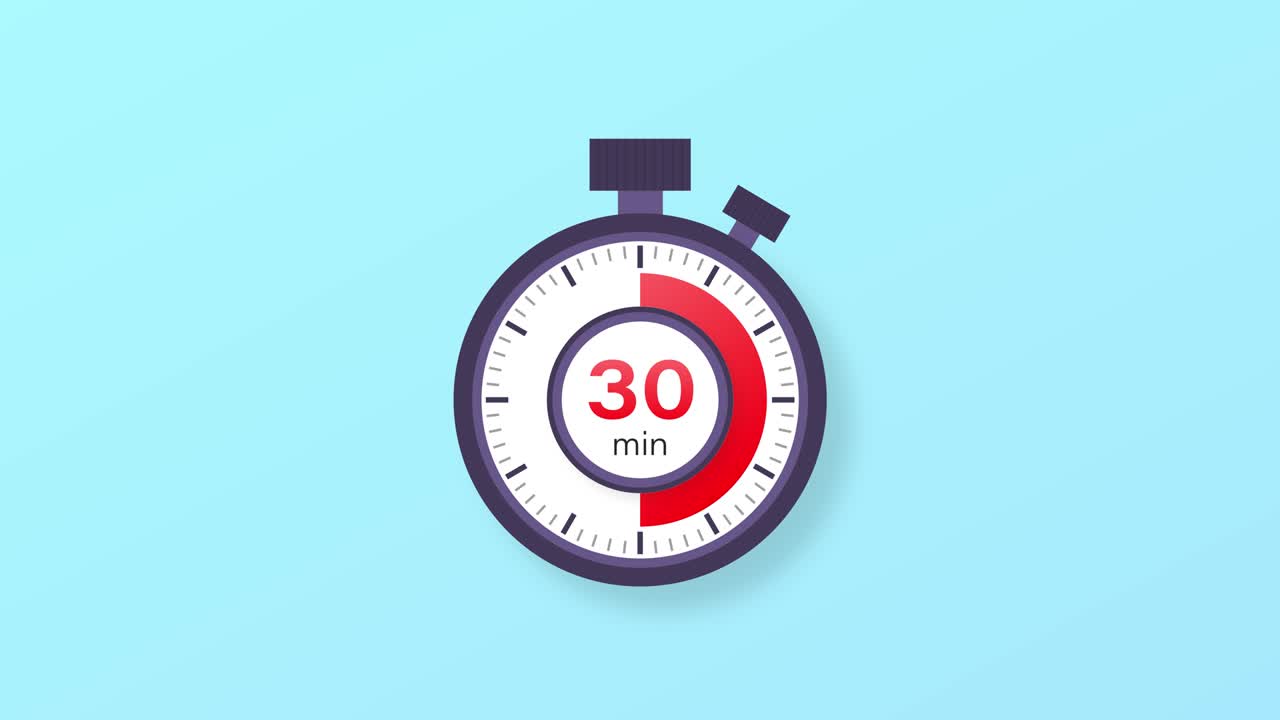 The 30 minutes timer. Stopwatch icon in flat style. Motion graphics.