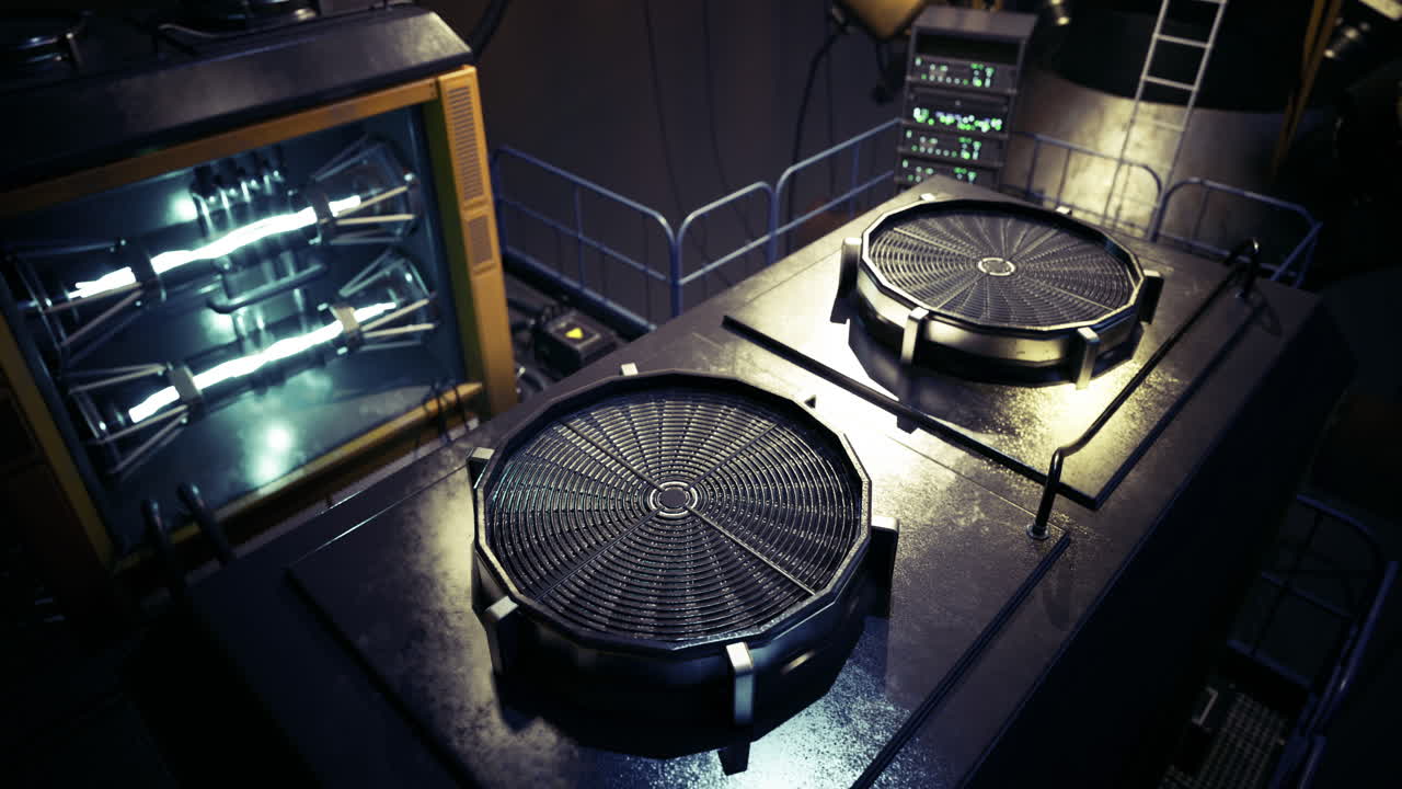 Industrial workspace features cooling units and equipment in a modern setting