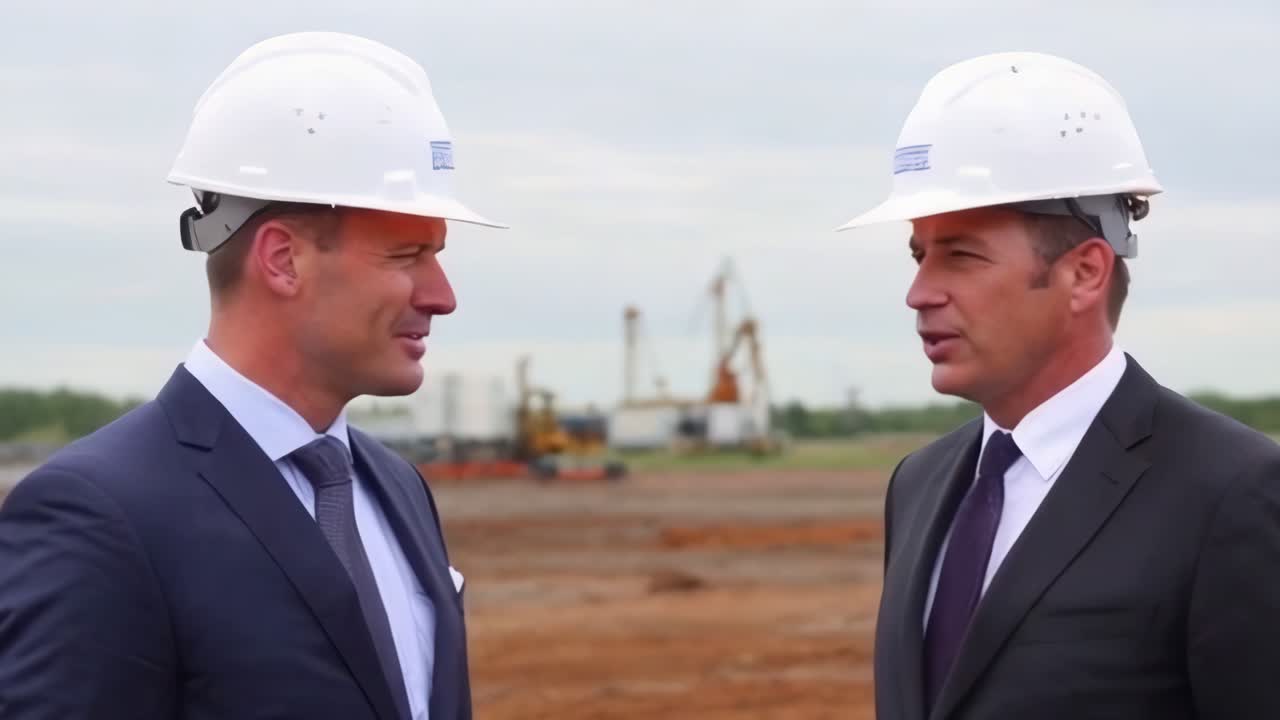 Two engineers in suits and white helmets talking at a construction site.