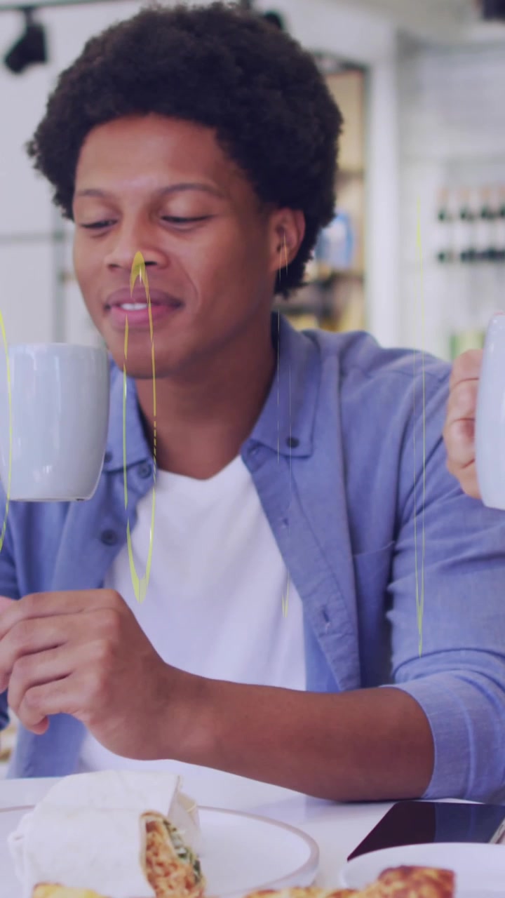 Animation of scope scanning over diverse couple talking and drinking coffee