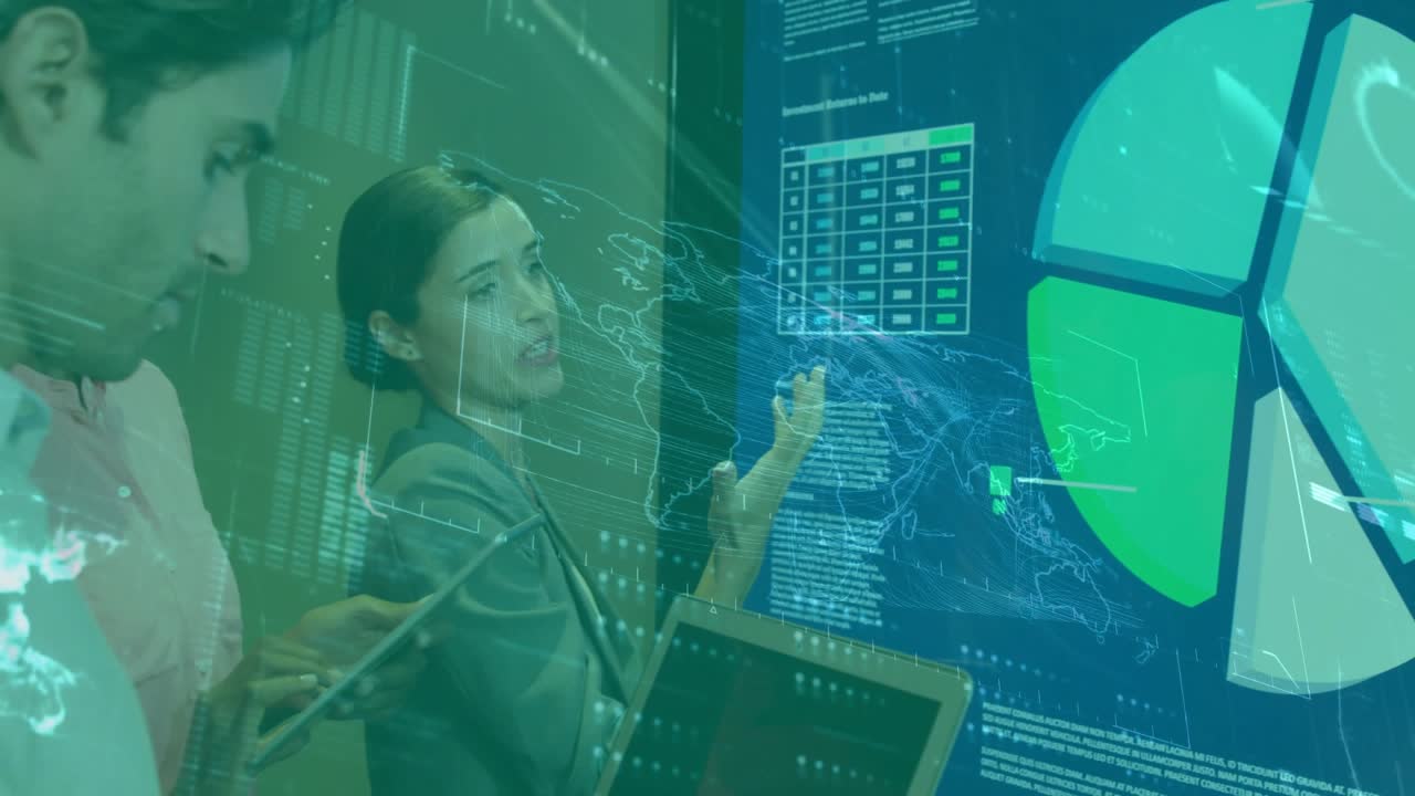 Biz lead tapping grid and animating HUD map and pie chart syncing with gestures for analysis