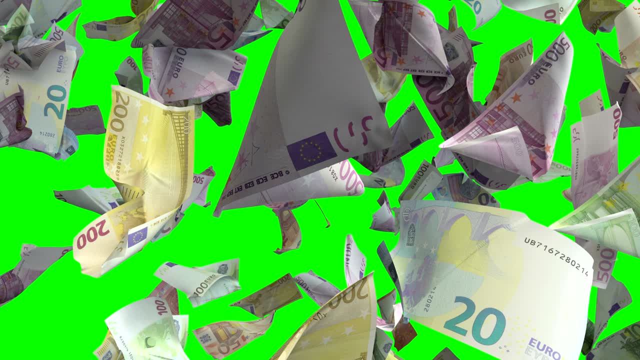 크로마 키 4k로 회전할 수 있는 유로 지폐가 떨어집니다.