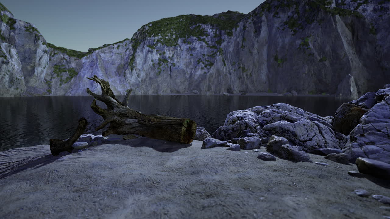 Serene lakeside view with rocky cliffs and natural landscape during twilight