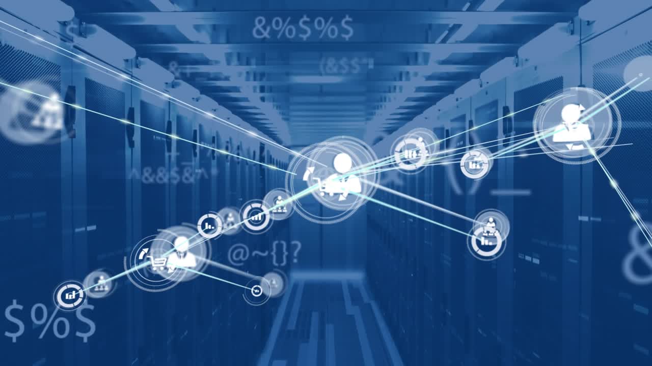 Animation of network of connections with icons and data processing over server room