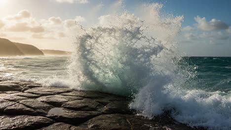captivating coastal waves: a stunning visual journey through the power of ocean waves crashing on rocky shores under a beautiful sky