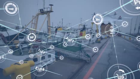 animation of network of connections over drone with parcel over harbor