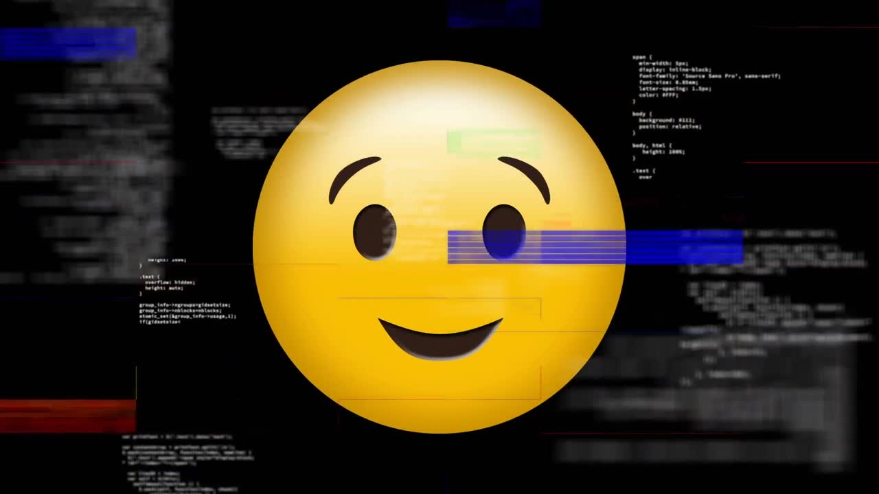 Digital animation of tv static effect over winking face emoji against black background