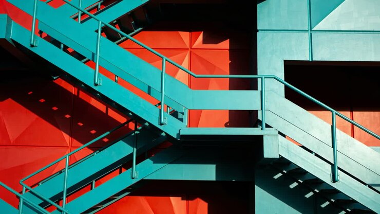 Shifting sunlight casting crisp shadows across teal-blue staircase on red cladding and gray panels