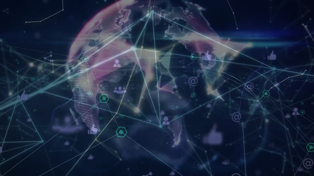 Animation of network of connections with icons and globe on blue background