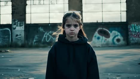 a young girl with dark circles under her eyes stands in an urban setting, looking sad.