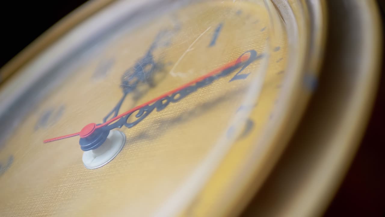 Vintage Retro Clock with a Yellow Scratched Dial. Twelve O'clock. Noon. 4K