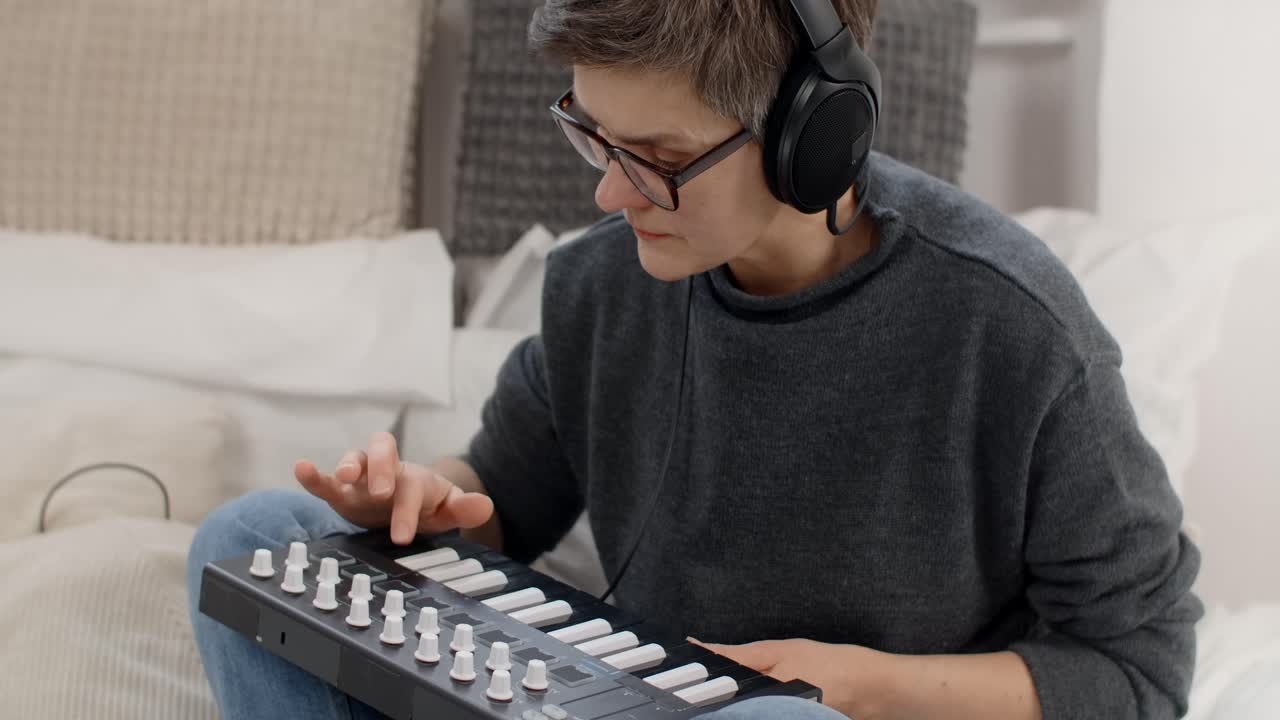 Woman using a MIDI keyboard at home