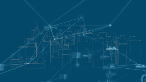 network of connections and data processing animation over cityscape