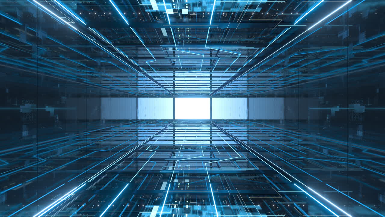 ir hacia adelante en los racks de servidores en la sala de servidores de seguridad de la red de computadoras, renderización 3d.