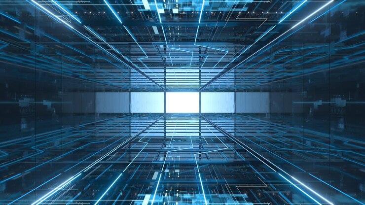 Avanzare tra i rack dei server nella sala server di sicurezza della rete informatica, rendering 3D
