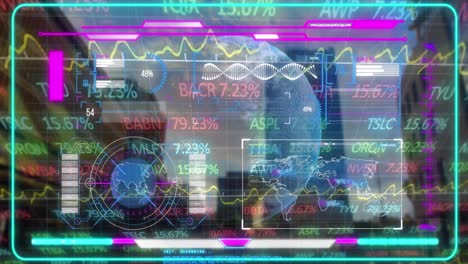 Animation-of-digital-screen-with-globe,-financial-data-and-graphs-over-cityscape