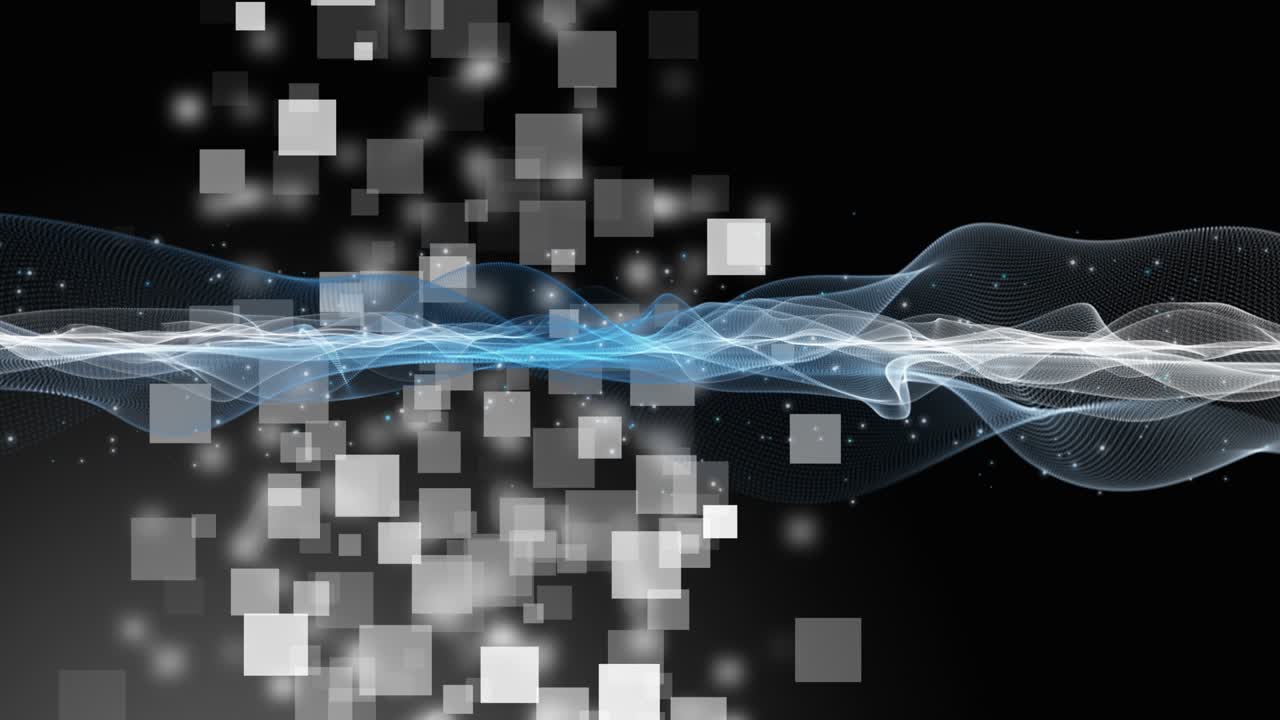 Futuristic animation with wave object and glitter particles on squares in slow motion, 4096x2304 loop 4K