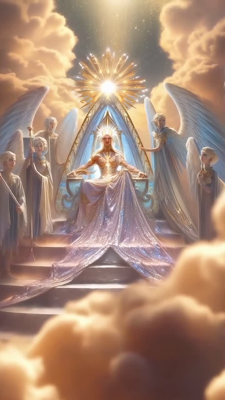 Escena celestial con ángeles y una reina en un trono, filmada desde un ángulo bajo, estilo videojuego