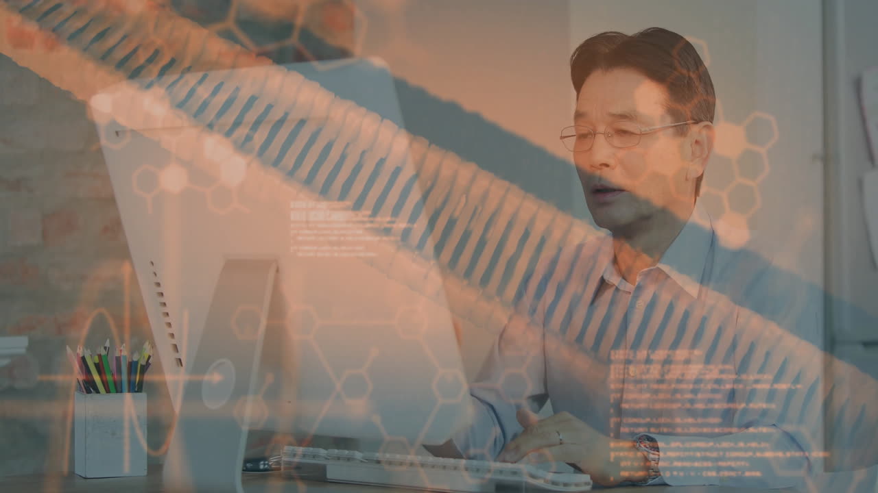 Man working on computer with DNA strand and data processing animation overlay