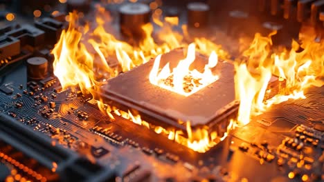 a computer motherboard on fire with a cpu on top of it