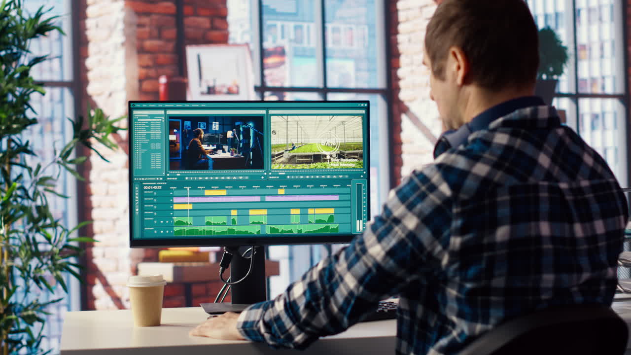 아파트 홈 오피스에서 영화 프로젝트 영상을 편집하기 위해 마우스를 사용하는 사람