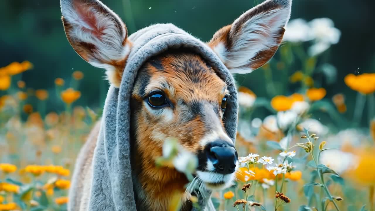 A deer wearing a hoodie in a field of flowers