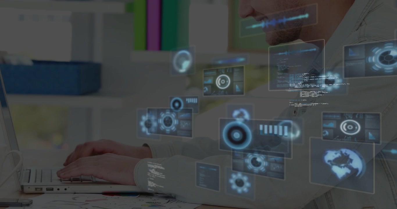 Mid-adult man starting typing in office summoning holographic UI covering keyboard for tech review