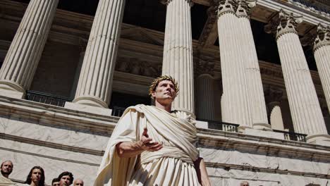 Low-angle shot of a man in Roman attire in front of grand columns, evoking a historical drama video