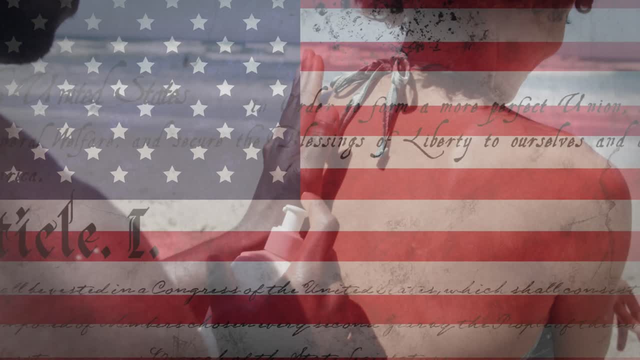 Animation of American flag waving constitution text on mixed race woman
