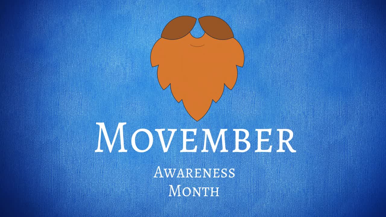 Animation of movember awareness month text and moustache over blue background