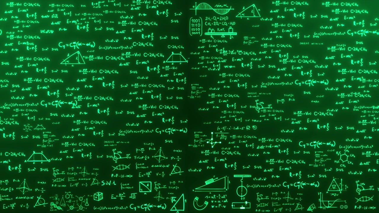 Educational mathematics science visual glowing green equations formula diagrams and classroom board