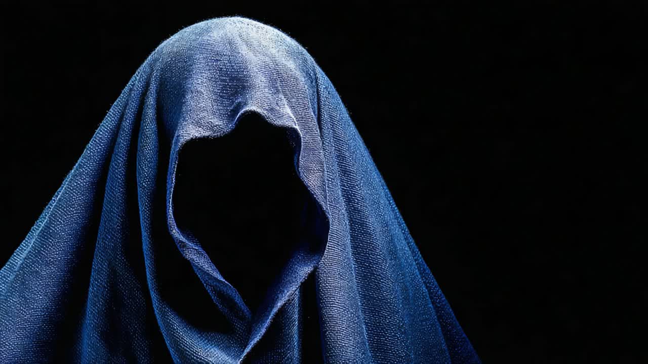 A Mysterious Entity Emerges: The Enigmatic Presence of a Hooded Figure Draped in Deep Blue Fabric Against a Stark Black Background, Evoking Intrigue and Curiosity