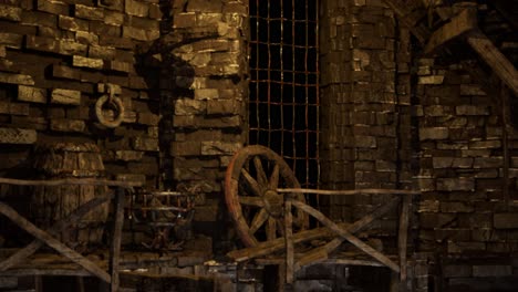 scary dark dungeons with stone walls, old barrels, chains, car wheels, iron doors, 3d animation