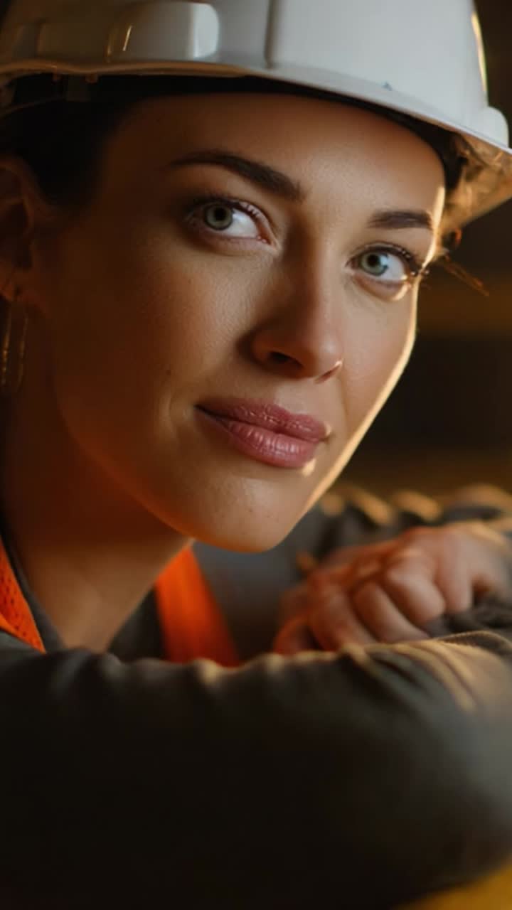 Confident female construction worker with a hard hat and safety gear, showcasing professionalism and determination in a dynamic work environment