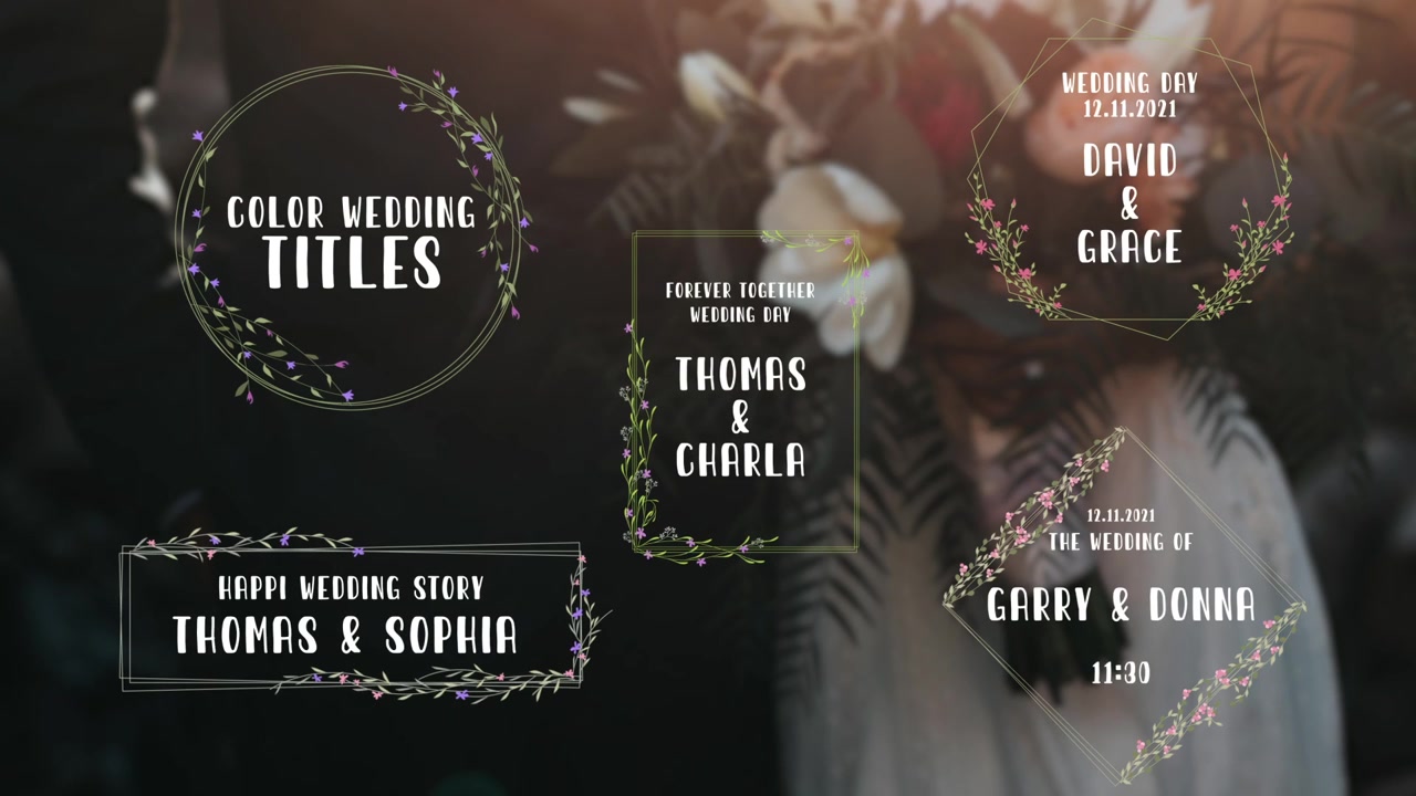 Titoli animati per matrimonio con cornici floreali ed elementi botanici