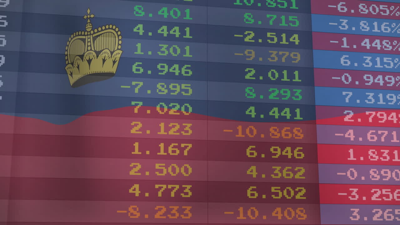 Animation of stock market data with numbers overlaid by crown and flag elements