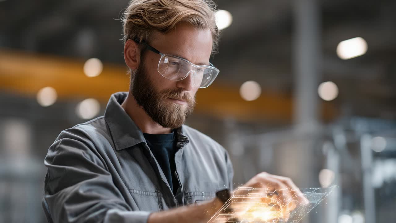 Man with Safety Glasses Interacting with Futuristic Technology