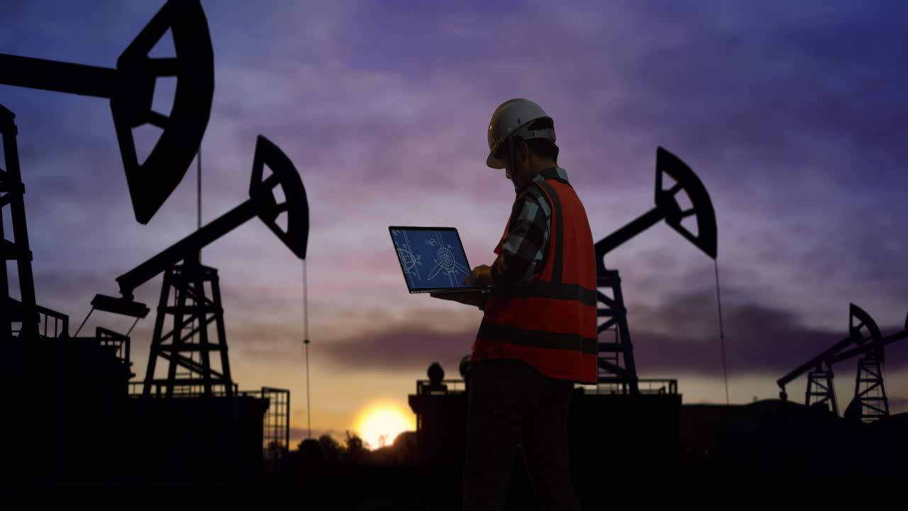vista trasera de un ingeniero masculino asiático con casco de seguridad mirando el plano de la turbina eólica en su portátil mientras está de pie frente a las bombas de petróleo, durante la puesta o el amanecer