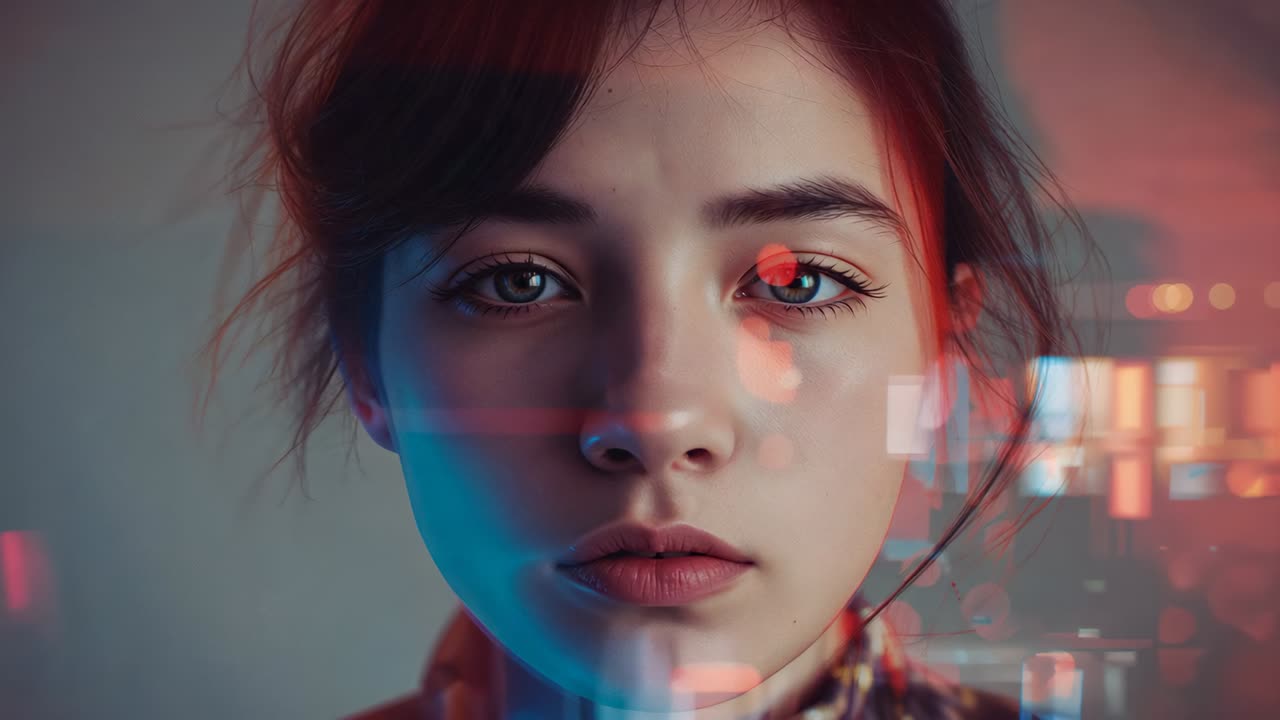 Shifting gels causing teen blinking, holding calm pose in studio, wearing scarf for glitch overlays