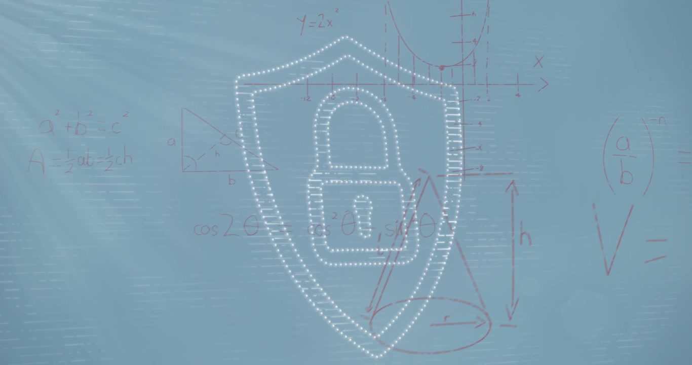 Icona Scudo di Sicurezza Digitale con Formule Matematiche su Sfondo Blu