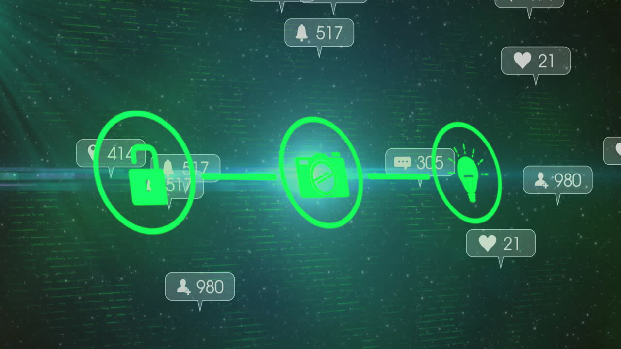 디지털 녹색 배경 위에 소셜 미디어 알림 및 아이콘 애니메이션