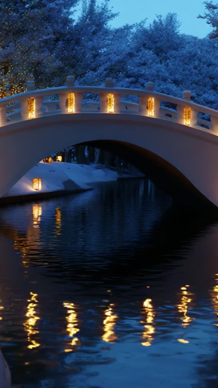 A serene nighttime scene depicting a beautifully illuminated bridge arching over a calm reflective body of water, surrounded by snow-covered trees and soft glowing lights that enhance the tranquil atmosphere