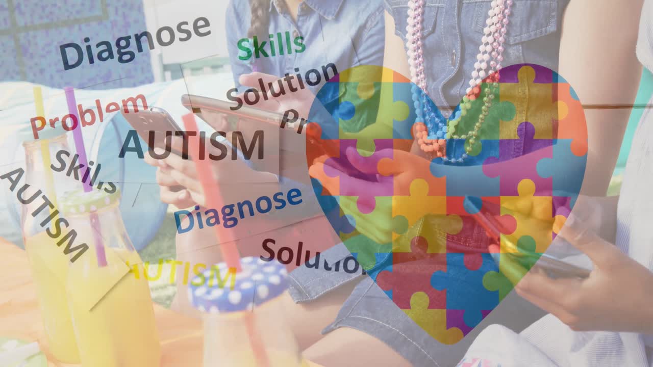 스마트 폰과 노트북을 사용하는 친구들을 통해 다채로운 퍼즐 조각의 애니메이션 심장 및 자폐증 텍스트